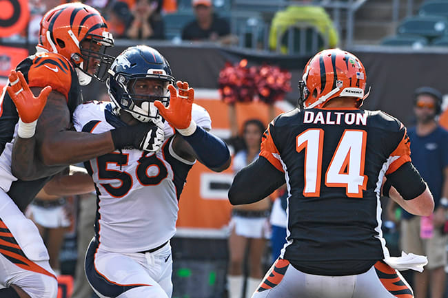 Attacking the offense’s right edge, Von Miller is in better position for a strip-sack and—perhaps more troublingly for an offense—is in the QB’s peripheral vision.